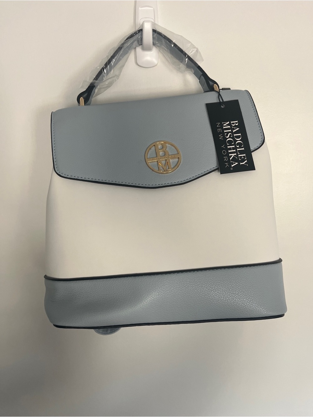 Badgley Mischka Two-Tone White and Light Blue Backpack Purse